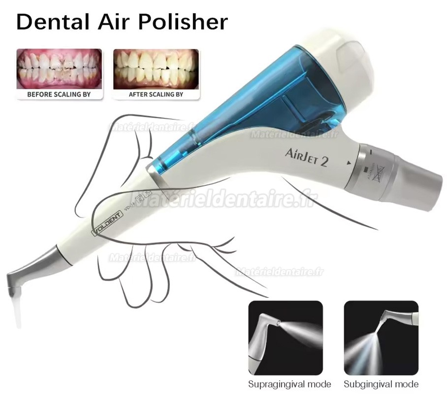 Aéropolisseur jet d’air dentaire VolDent AirJet2S (pièce à main supragingival + sousgingival)